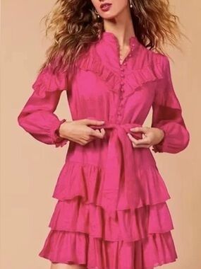 A Loves A Fuchsia Ruffle Tiered Mini Dress Long Sleeve Button Front Large